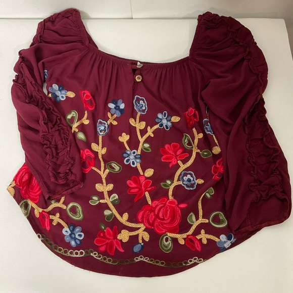 Clarita Floral Embroidered Burgundy Square Neck Gathered Long Sleeve Top No Size - Picture 8 of 14